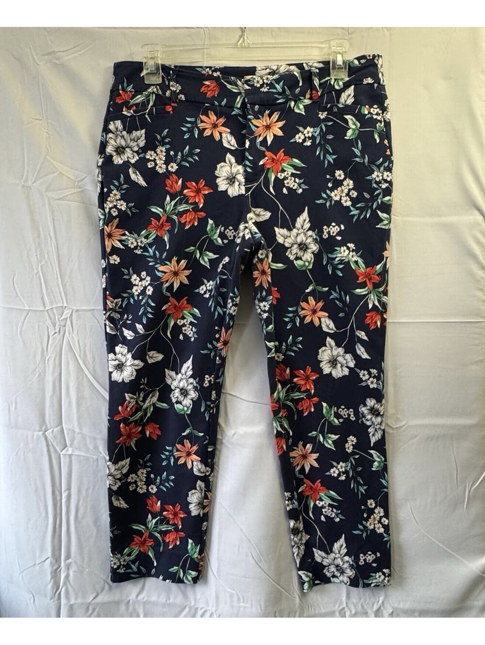 Roz & Ali Pants 14 Navy Floral Ankle Cotton Stretch Runs Flaw